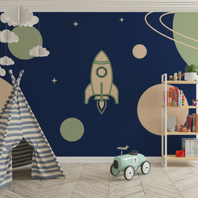 Cosmic rocket wallpaper creating magical space-themed children's bedroom decor