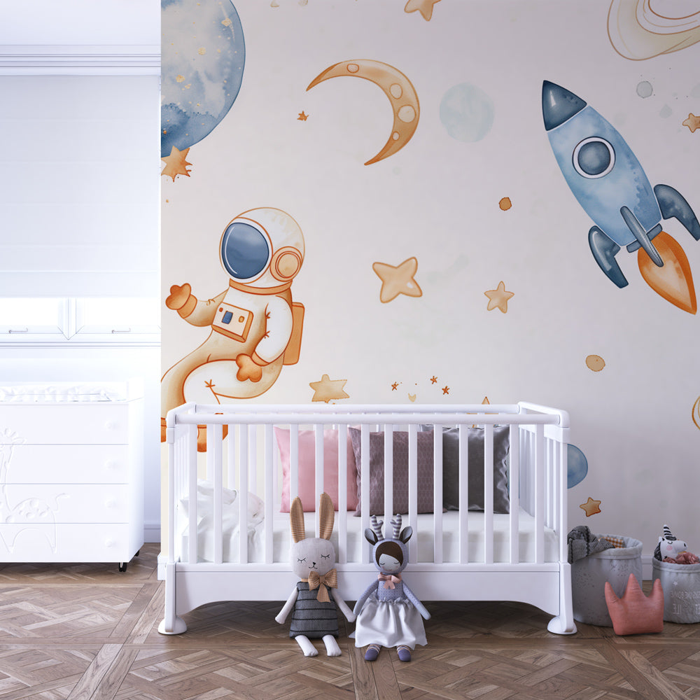 Starry space wallpaper creating calming celestial atmosphere in kids bedroom