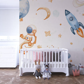 Starry space wallpaper creating calming celestial atmosphere in kids bedroom