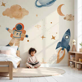 Dreamy beige space adventure mural wallpaper in modern nursery setting by Kids-Mundo