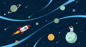 Detailed space adventure mural wallpaper design pattern with astronaut and cosmic elements by Kids-Mundo