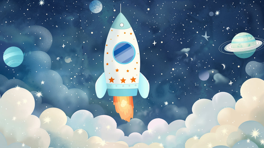 Detailed space adventure mural wallpaper design pattern with rockets and stars by Kids-Mundo