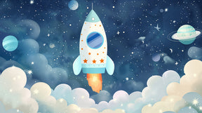 Detailed space adventure mural wallpaper design pattern with rockets and stars by Kids-Mundo