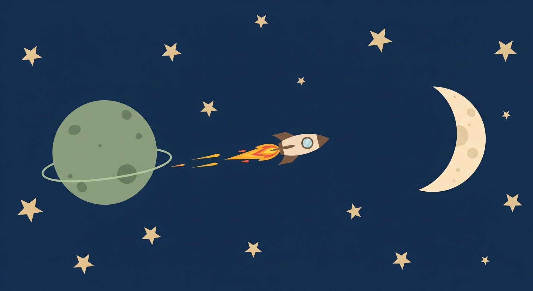Detailed space adventure mural wallpaper design pattern with rocket, planets and golden stars by Kids-Mundo