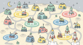 Detailed space adventure mural wallpaper design pattern with moon base stations by Kids-Mundo