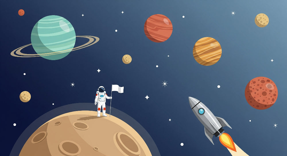 Detailed space adventure mural wallpaper design pattern with astronaut and planets by Kids-Mundo
