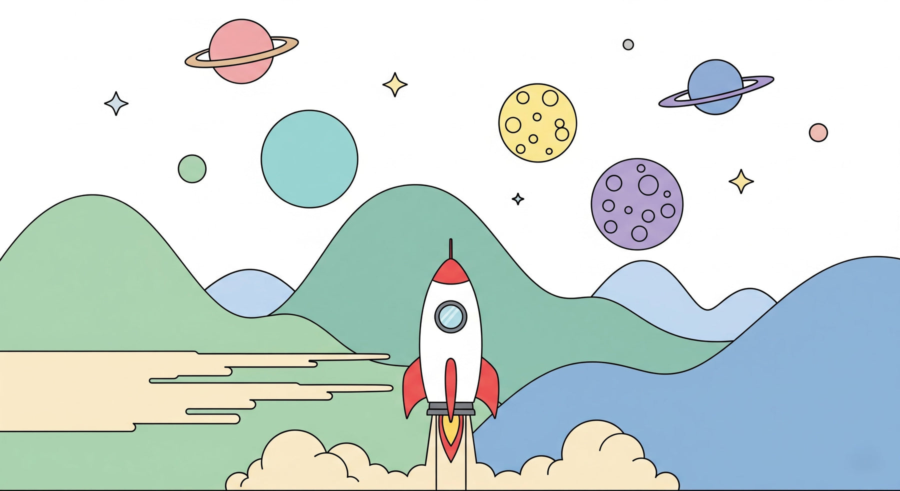 Detailed space adventure mural wallpaper design pattern with rocket and colorful planets by Kids-Mundo