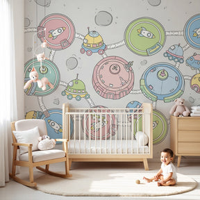 Space adventure mural wallpaper featuring moon platforms and rockets in modern nursery by Kids-Mundo