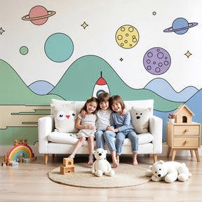 Space adventure mural wallpaper with rocket and planets in modern nursery by Kids-Mundo
