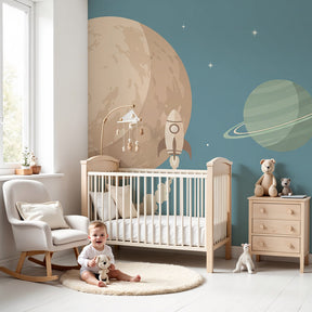 Space adventure mural wallpaper with rocket and planets in modern nursery by Kids-Mundo