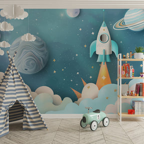 Blue space themed mural wallpaper creating cosmic nursery decor with rocket and planet motifs