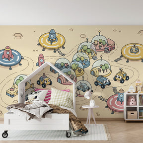 Intergalactic themed mural wallpaper creating magical nursery decor with space vehicles and planets