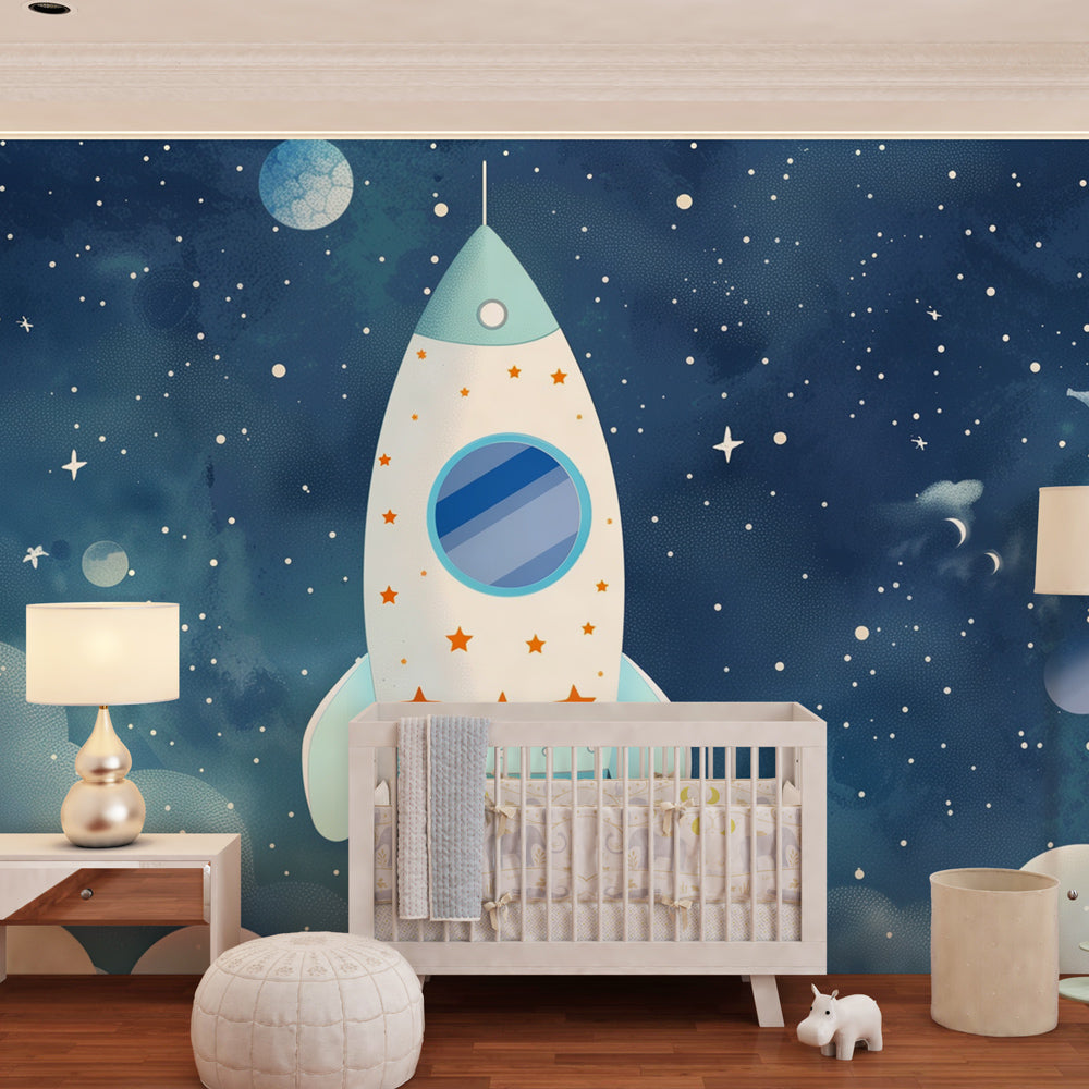 Starry space rocket wallpaper creating cosmic nursery decor with deep blue night sky theme