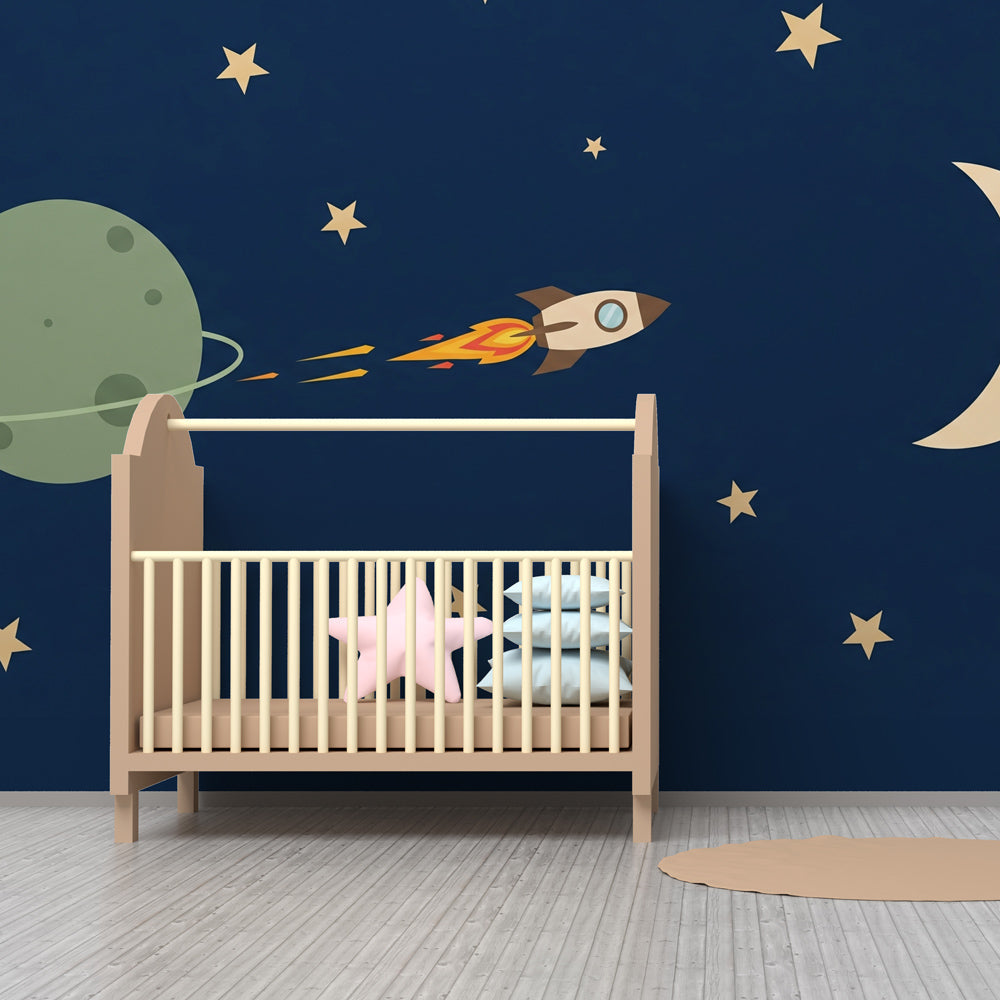 Rocket and stars mural wallpaper creating magical space-themed nursery decor with planets and moon