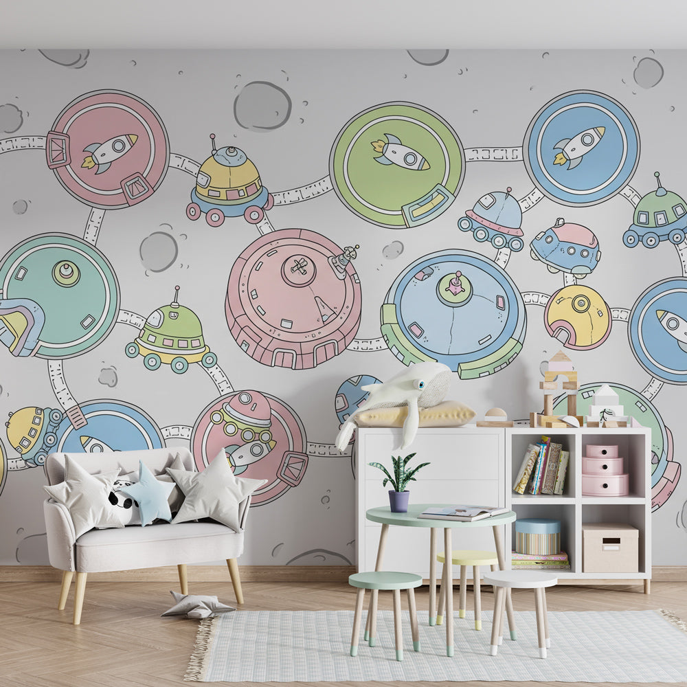 Colorful space station mural wallpaper transforming children's playroom into lunar adventure scene