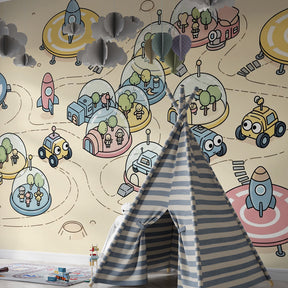 Children's space wallpaper transforming playroom into intergalactic adventure zone by Kids-Mundo