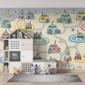 Colorful space rocket wallpaper inspiring imagination in kids playroom by Kids-Mundo