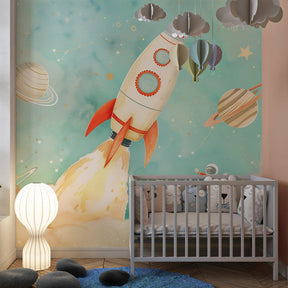 Rocket and planet wallpaper transforming kids playroom into cosmic adventure space