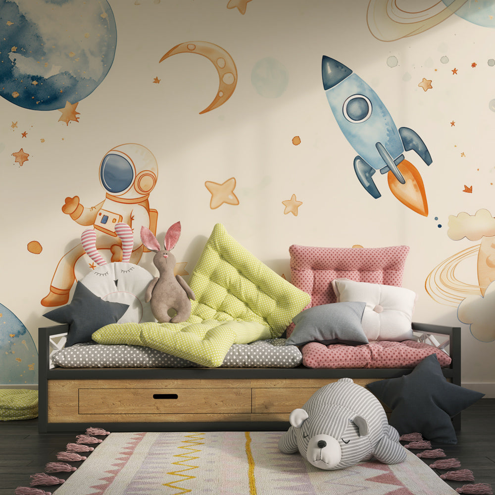 Beige cosmic mural wallpaper inspiring imagination in children's playroom decor