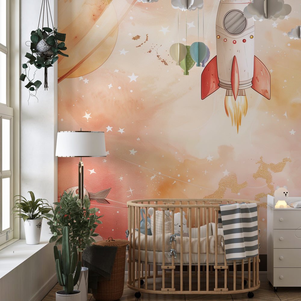 Starry cloud space wallpaper transforming kids playroom into celestial adventure zone