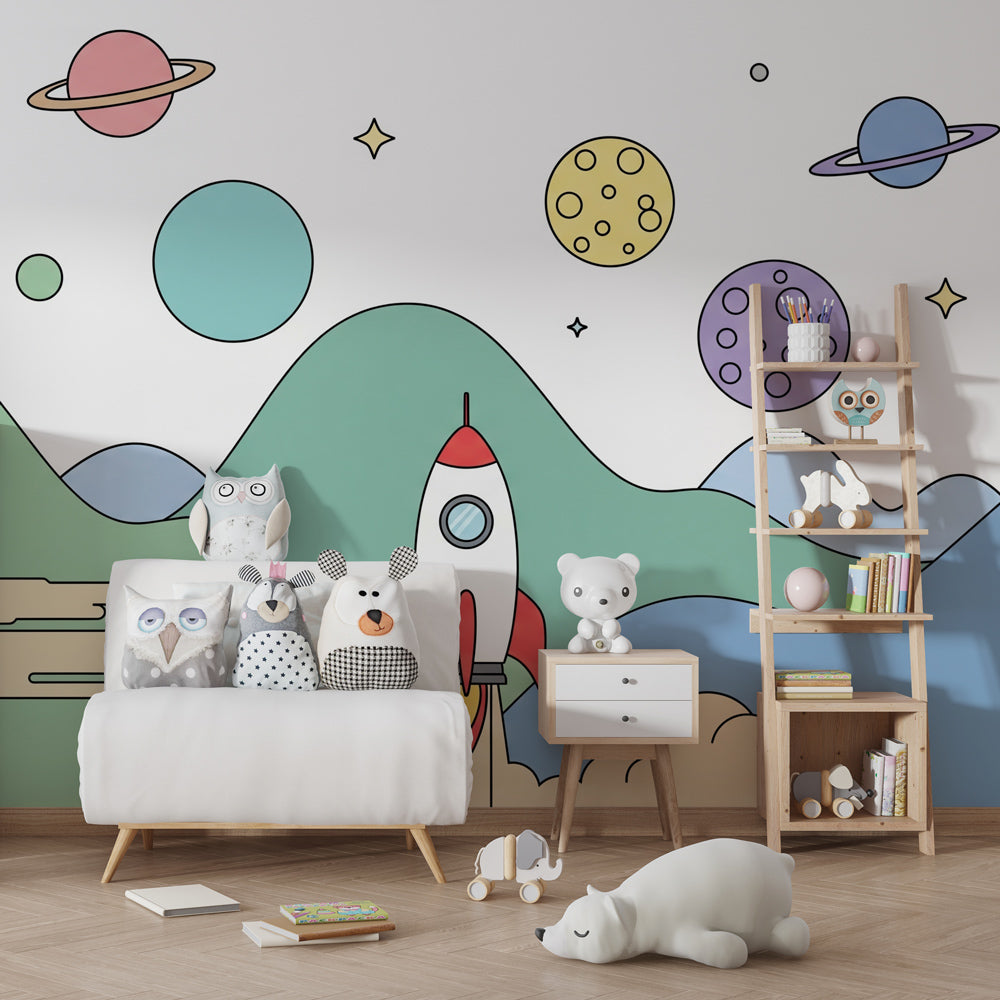 Space themed mural wallpaper featuring rocket and planets in bright children's playroom