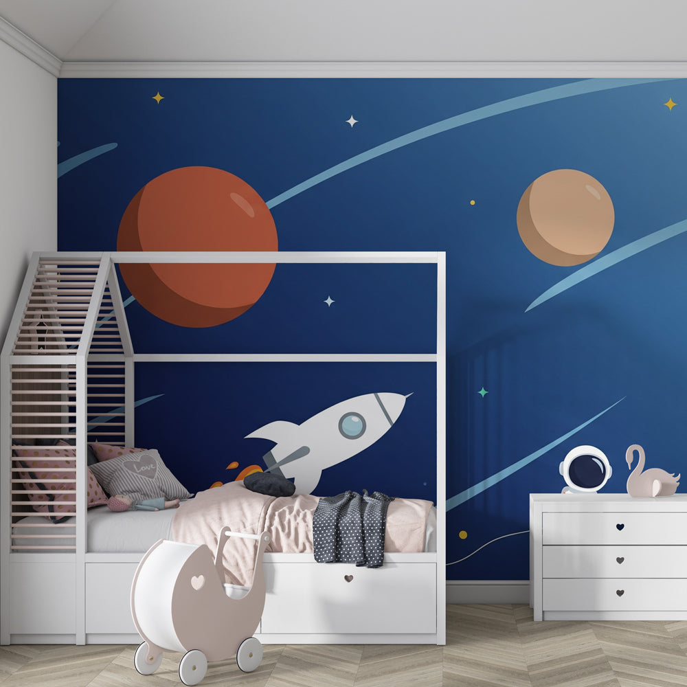 Interstellar mural wallpaper transforming playroom into space station adventure zone