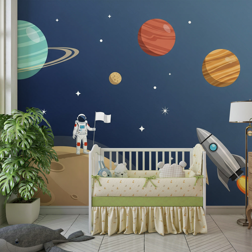 Space exploration mural wallpaper inspiring imaginative play in children's room by Kids-Mundo