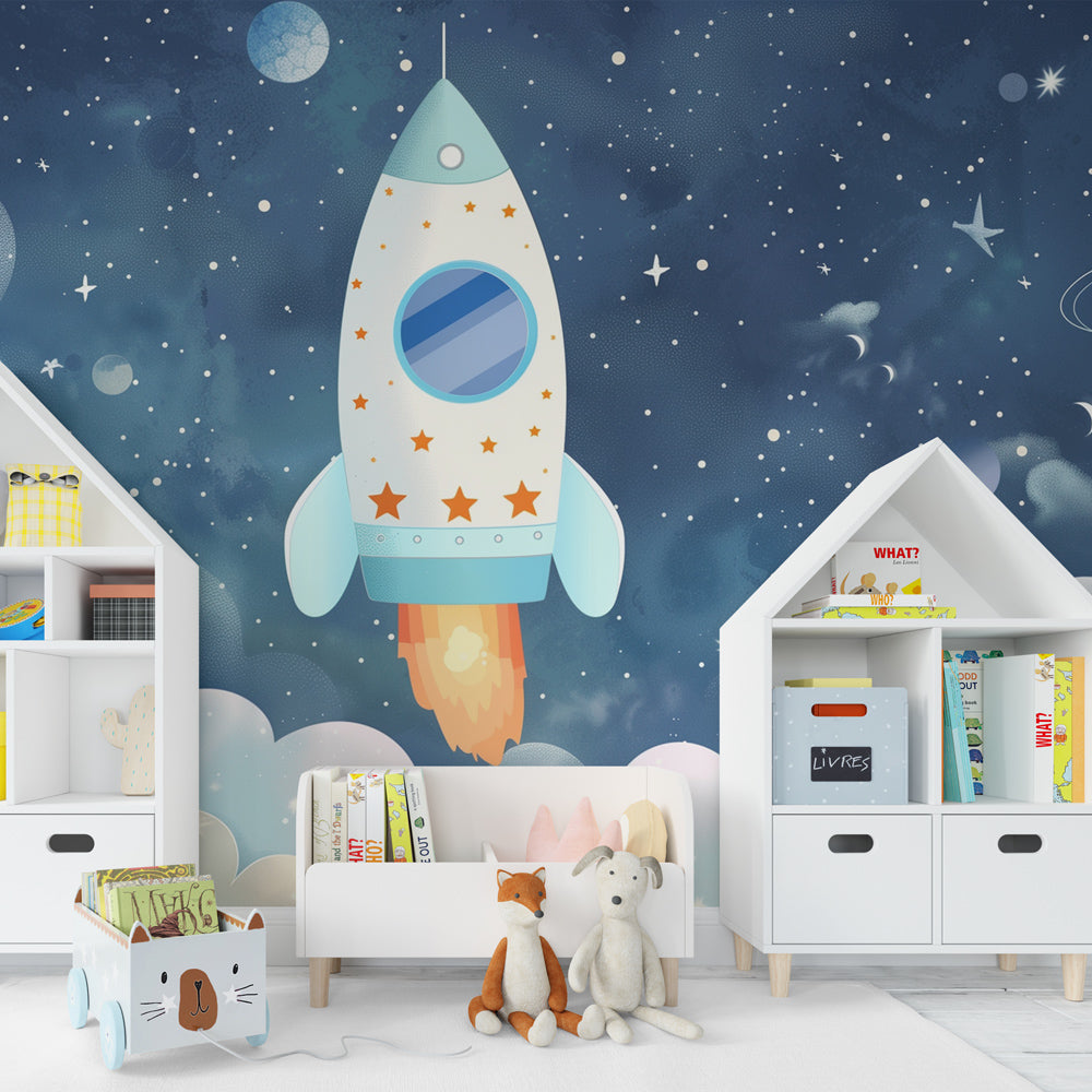 Kids playroom featuring space adventure mural wallpaper with twinkling stars and rockets