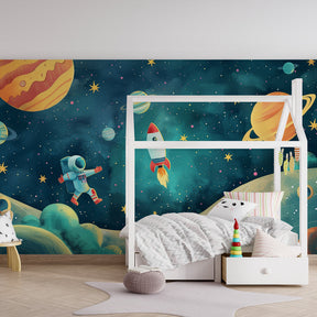 Colorful planets and space mural wallpaper transforming kids playroom into cosmic adventure