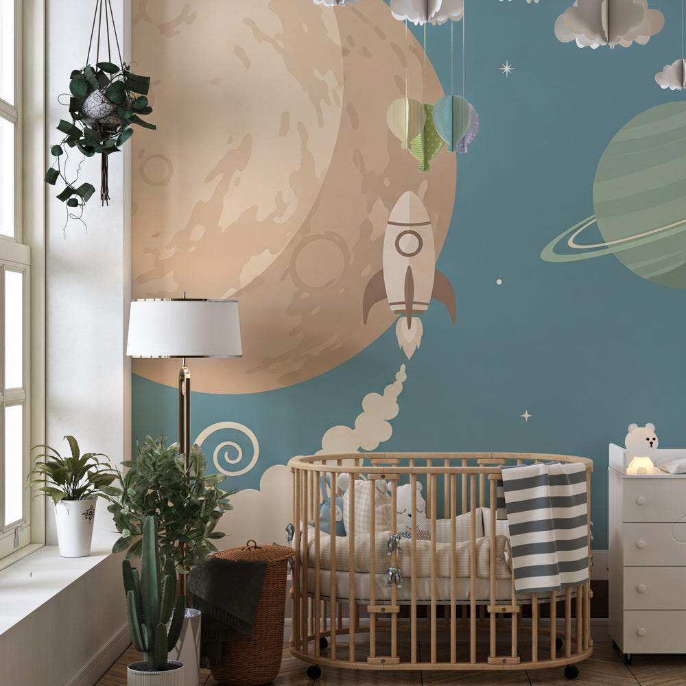 Children's space-themed mural wallpaper showing rocket flying past moon and ringed planet