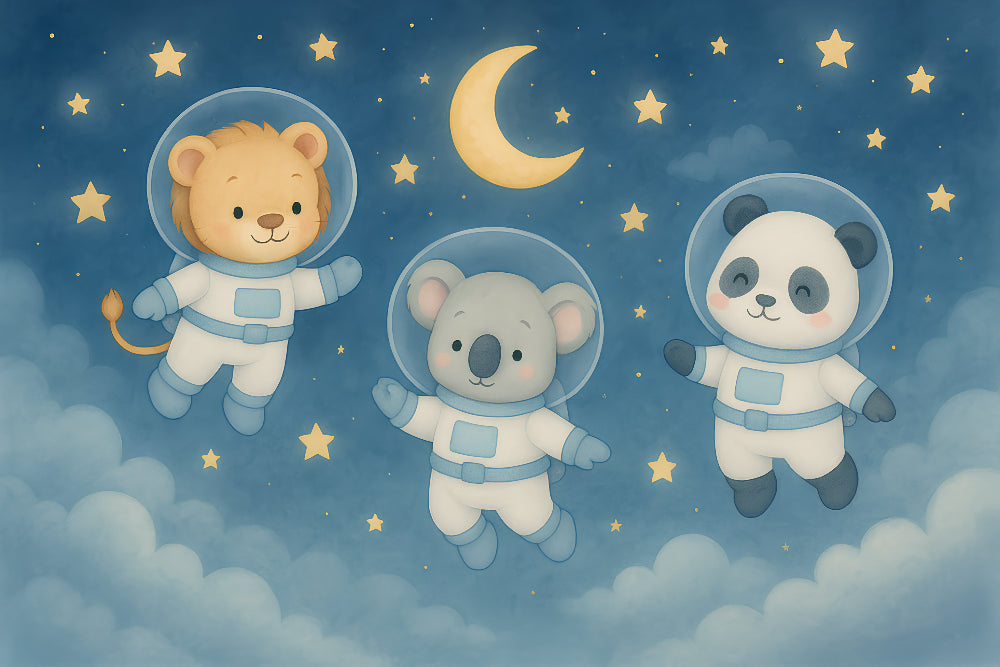 Detailed space animal astronaut mural wallpaper design pattern with stars and moon by Kids-Mundo