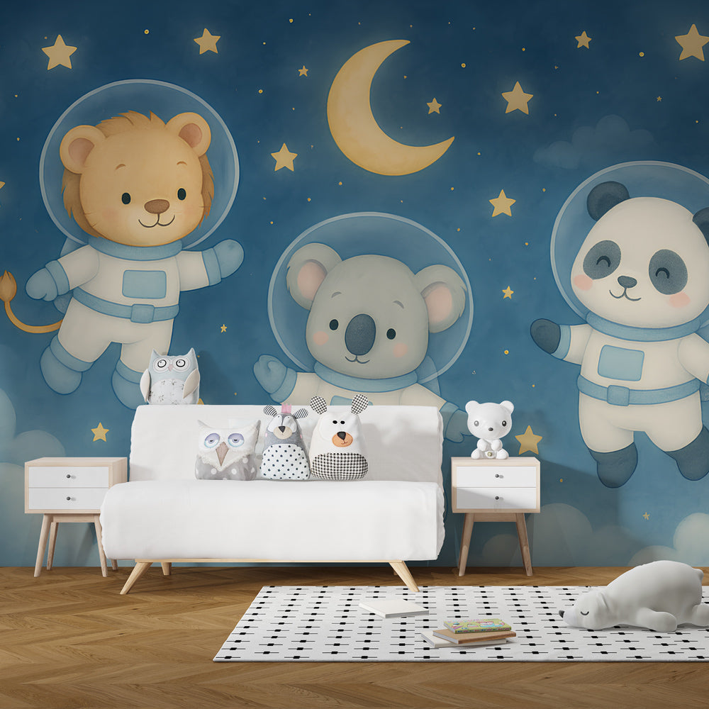 Space themed mural wallpaper with animal astronauts decorating children's playroom walls