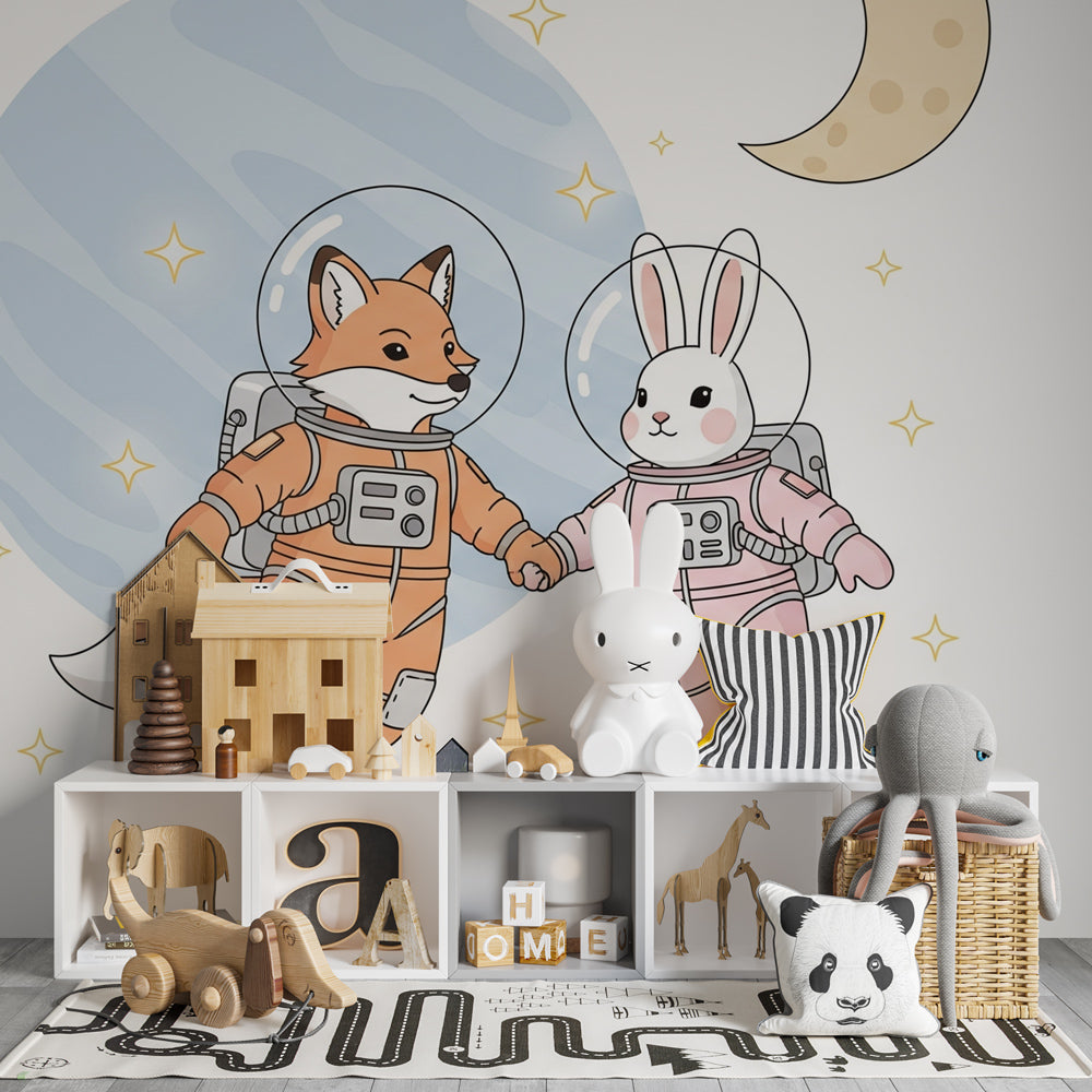 Fox and rabbit astronaut wallpaper creating magical space theme in children's bedroom