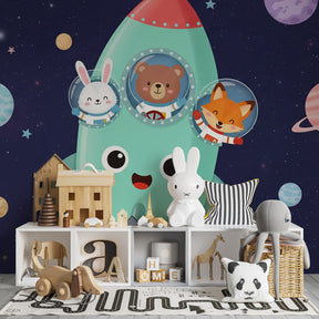 Children's bedroom featuring space adventure mural wallpaper with animal astronauts and colorful planets