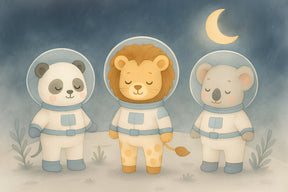 Detailed space animals astronaut mural wallpaper design pattern with moon and stars by Kids-Mundo