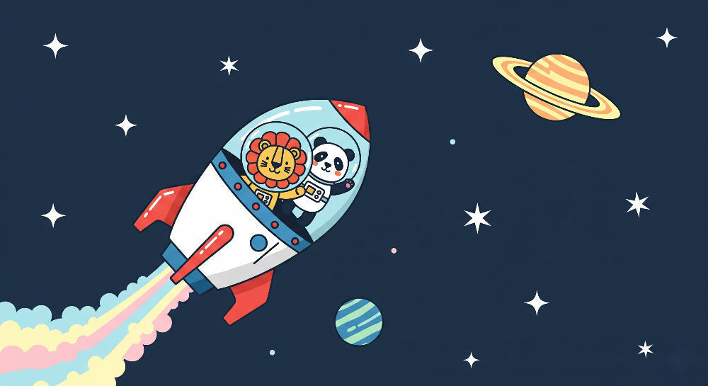 Detailed space animals astronaut mural wallpaper design pattern with lions rockets and stars by Kids-Mundo