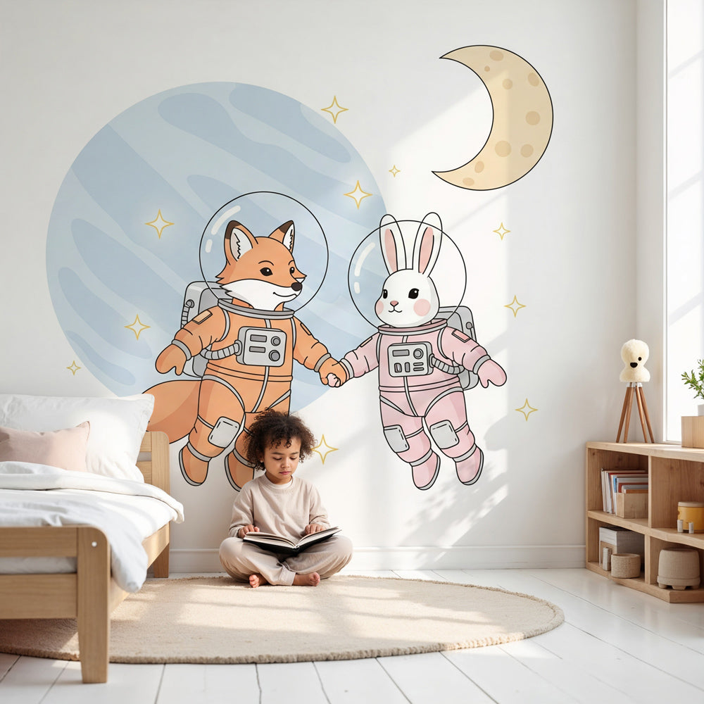 Space animals mural wallpaper with fox and rabbit astronauts in modern nursery by Kids-Mundo