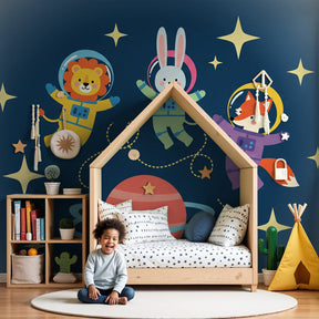 Space animals astronaut mural wallpaper in modern nursery with wooden crib by Kids-Mundo