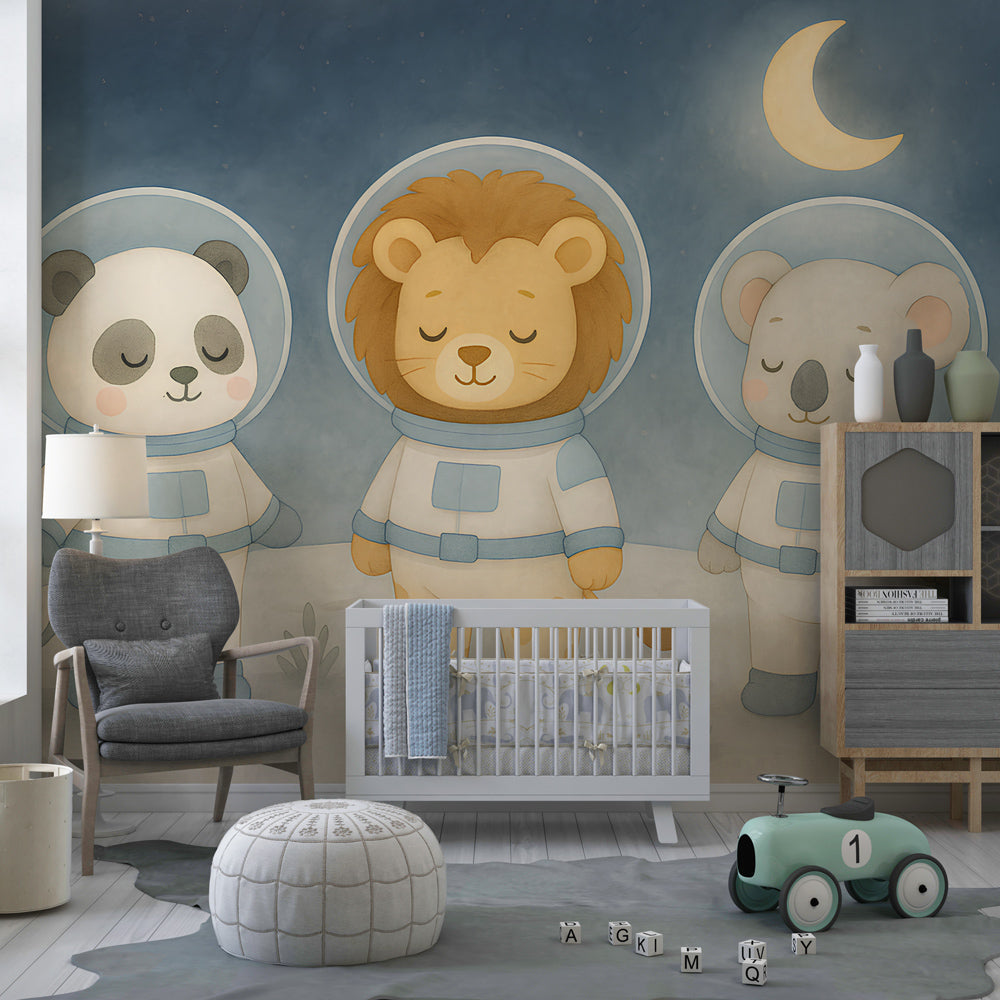 Lion panda koala astronaut mural wallpaper transforming kids playroom into space station