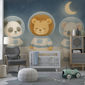Lion panda koala astronaut mural wallpaper transforming kids playroom into space station