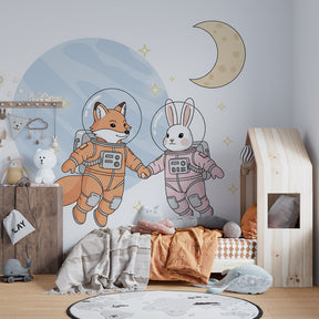 Astronaut animals mural wallpaper featuring fox and rabbit in cosmic adventure playroom setting
