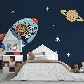 Blue space themed mural wallpaper with animal astronauts inspiring imagination in children's playroom