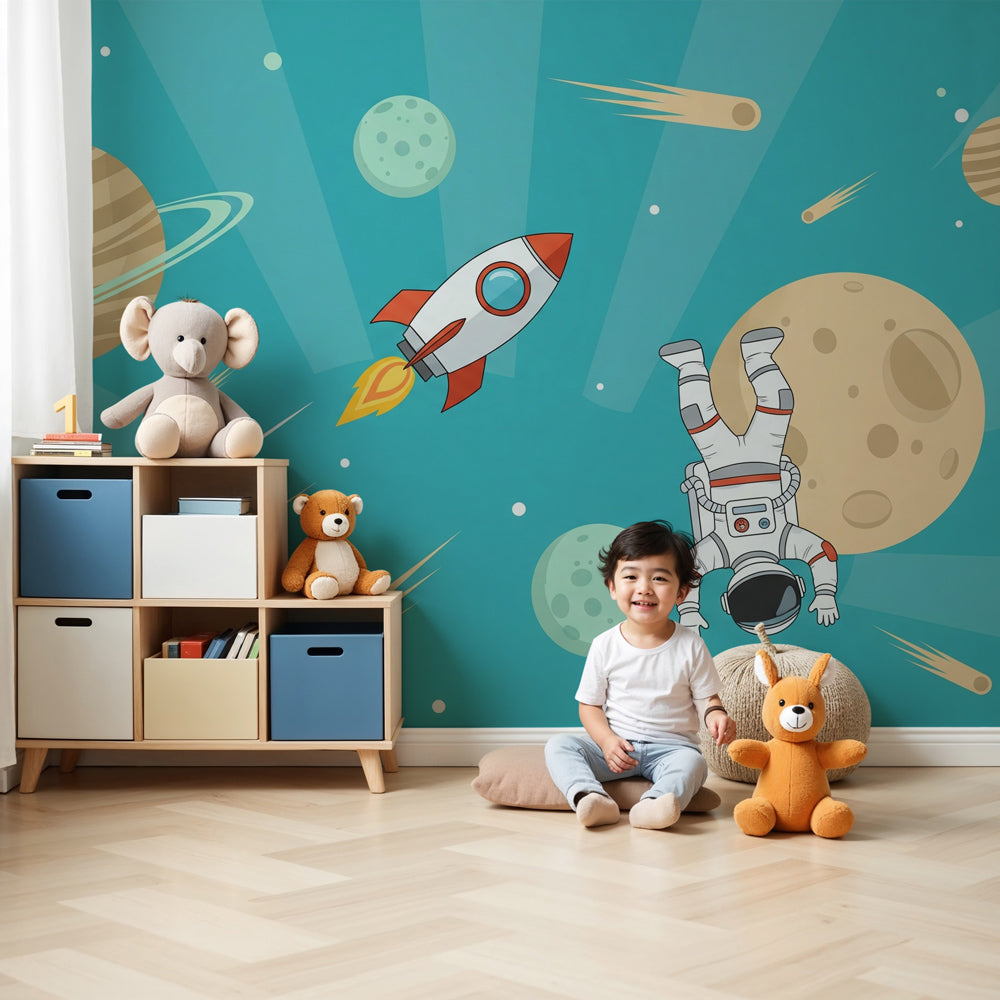 Space astronaut mural wallpaper creating cosmic adventure theme in modern boys bedroom by Kids-Mundo