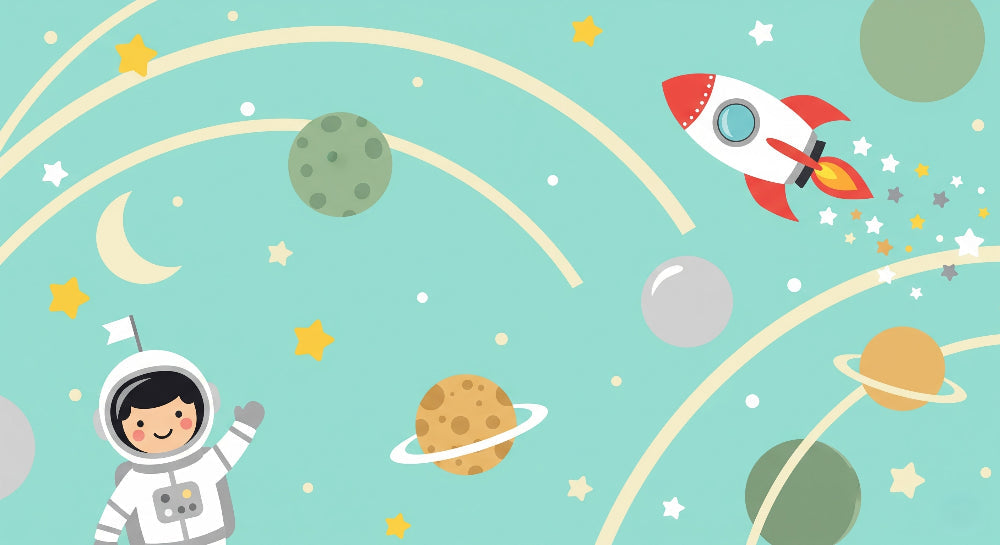 Detailed space astronaut mural wallpaper design pattern with planets and rockets by Kids-Mundo