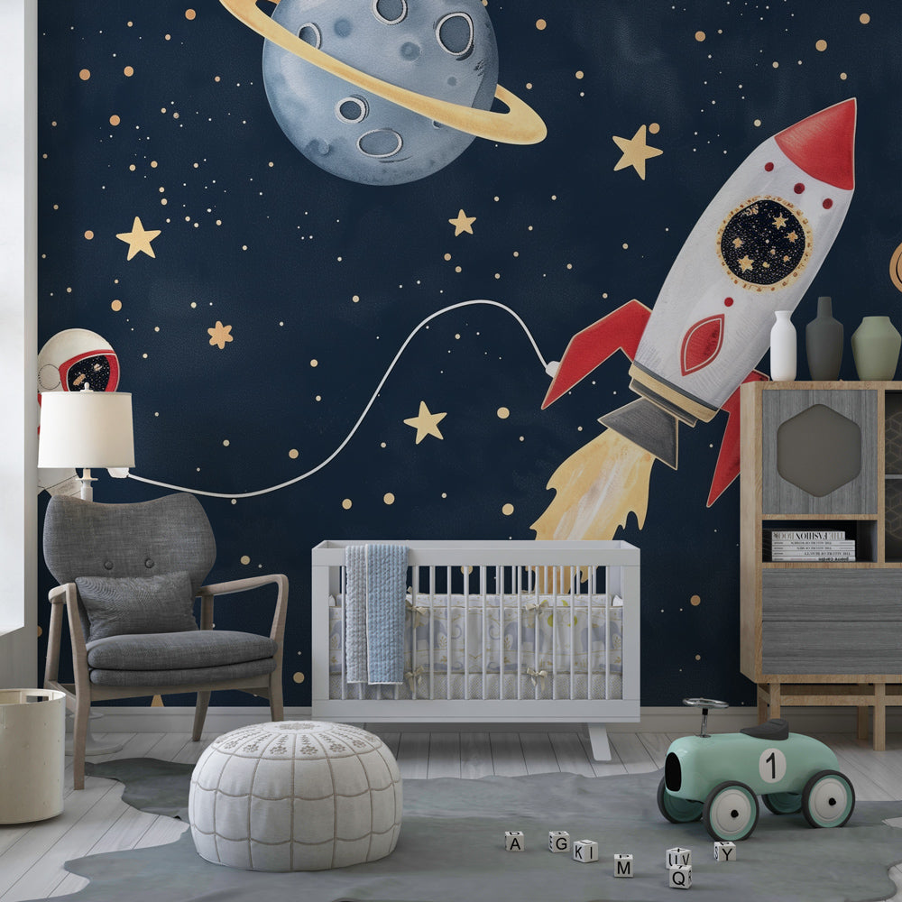 Astronaut floating among planets wallpaper creating dreamy nursery space decor