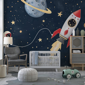 Astronaut floating among planets wallpaper creating dreamy nursery space decor