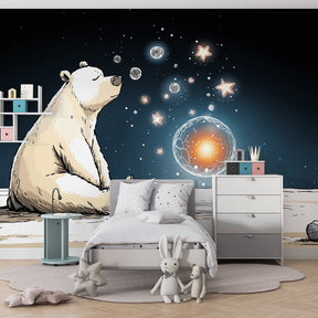 Astronaut bear wallpaper transforming children's bedroom into magical space sanctuary