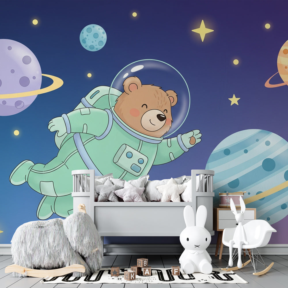 Astronaut bear wallpaper creating magical space-themed kids bedroom with colorful planets