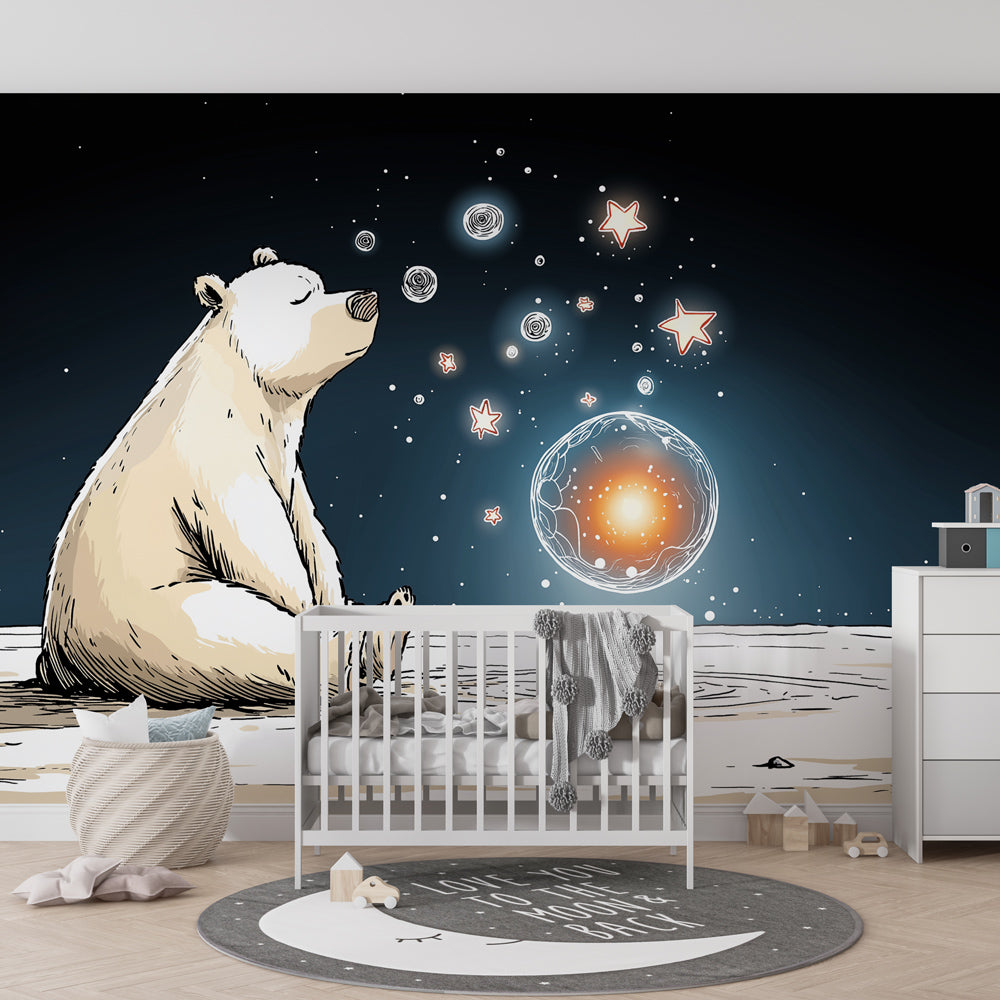 Dreamy space themed mural wallpaper with gentle bear among stars for kids room by Kids-Mundo