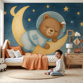 Space bear astronaut mural wallpaper in modern nursery setting by Kids-Mundo